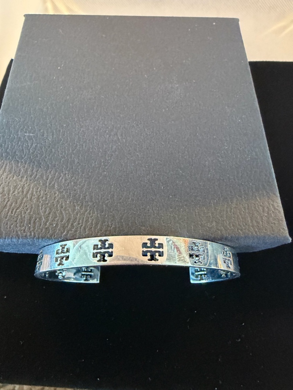 Silver Tory Burch Silver Logo Open Cuff Bangle Bracelet